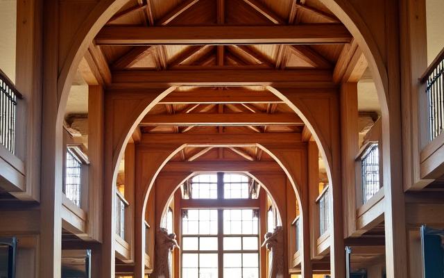 美しく組まれた木材の骨組みを持つ建築物の内部