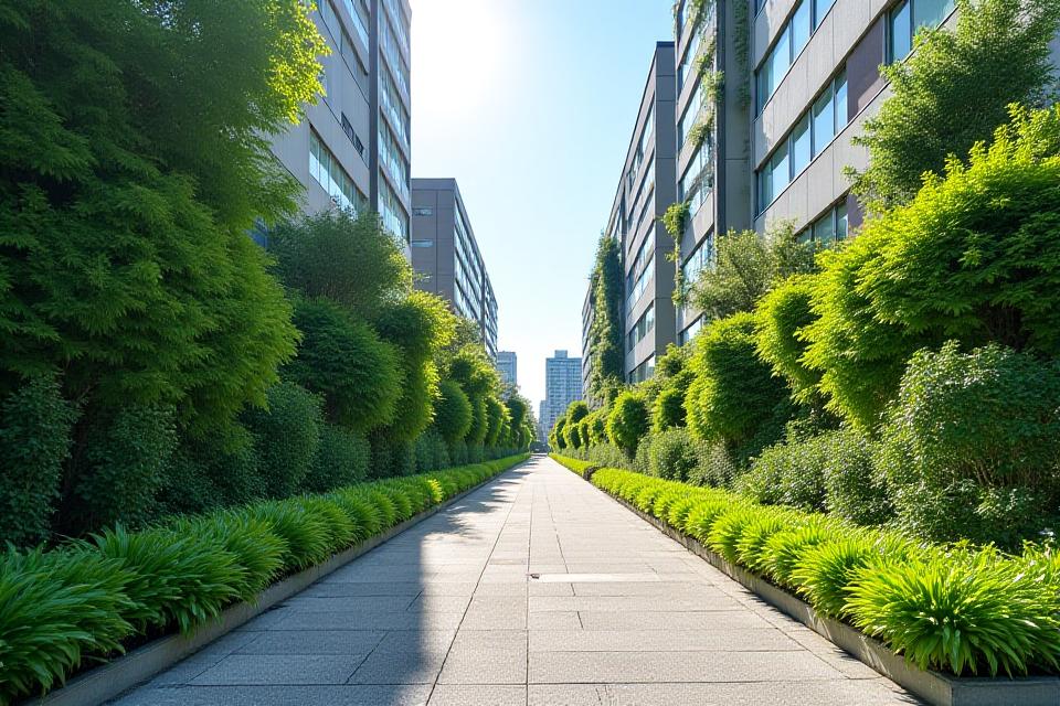 An urban area featuring green walls, rain gardens, and planted areas as part of green infrastructure